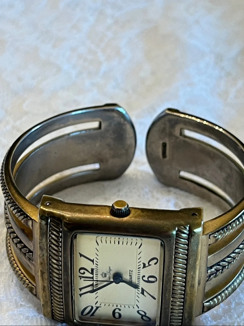 Antique Brass-Tone Cuff Watch with Cream Dial